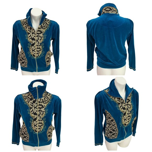 Koc & Grup womens Track Jacket Medium Velour Turquoise Blue Zip Up Mock Neck - Picture 8 of 12